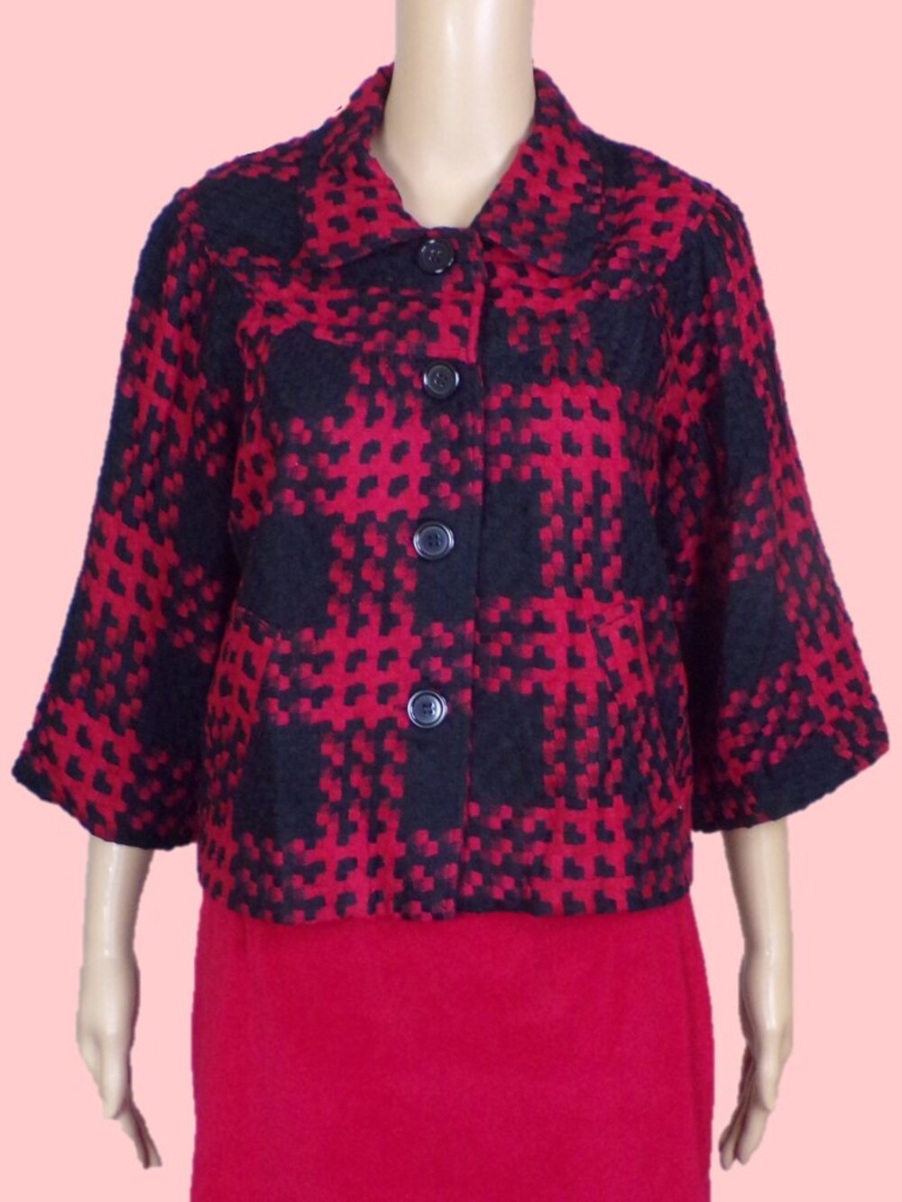STUDIO PETITE JPR size PM red/black wool-blend 3/4 sleeve shirt jacket